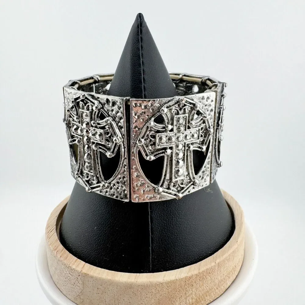 Vintage Silver Rhinestone Cross Stretch Bracelet Gothic Western Faith Chunky